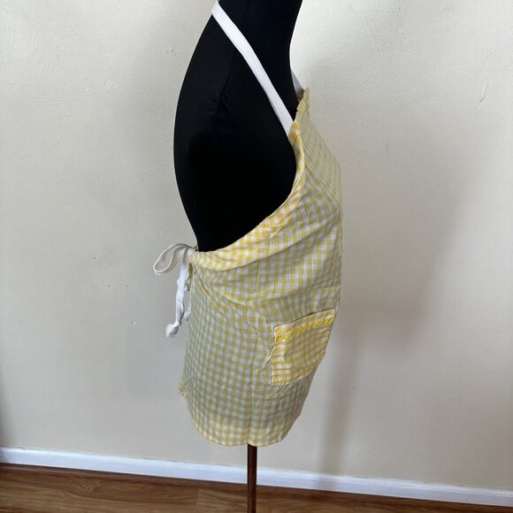 Vintage Womens Kitchen Apron Yellow and White Gingham Checker Waist Tie Pockets - Picture 5 of 8